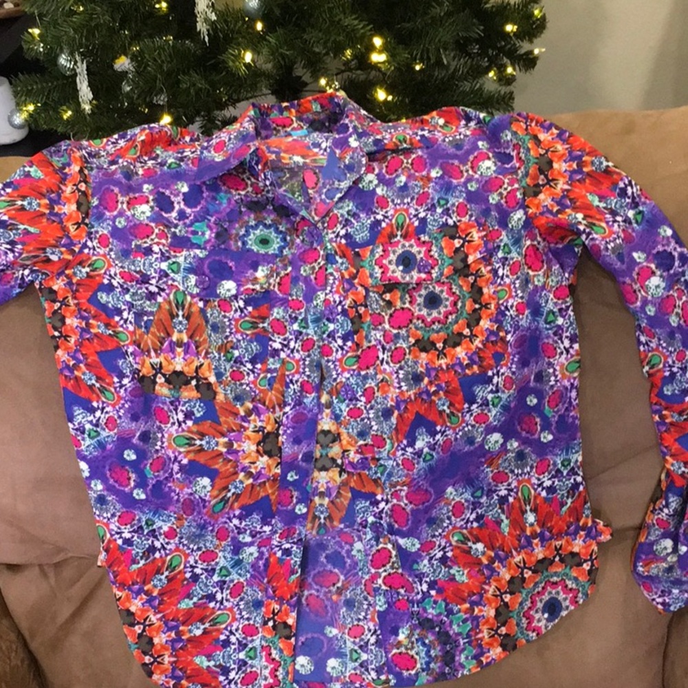 Bright multi colored 70s button down top